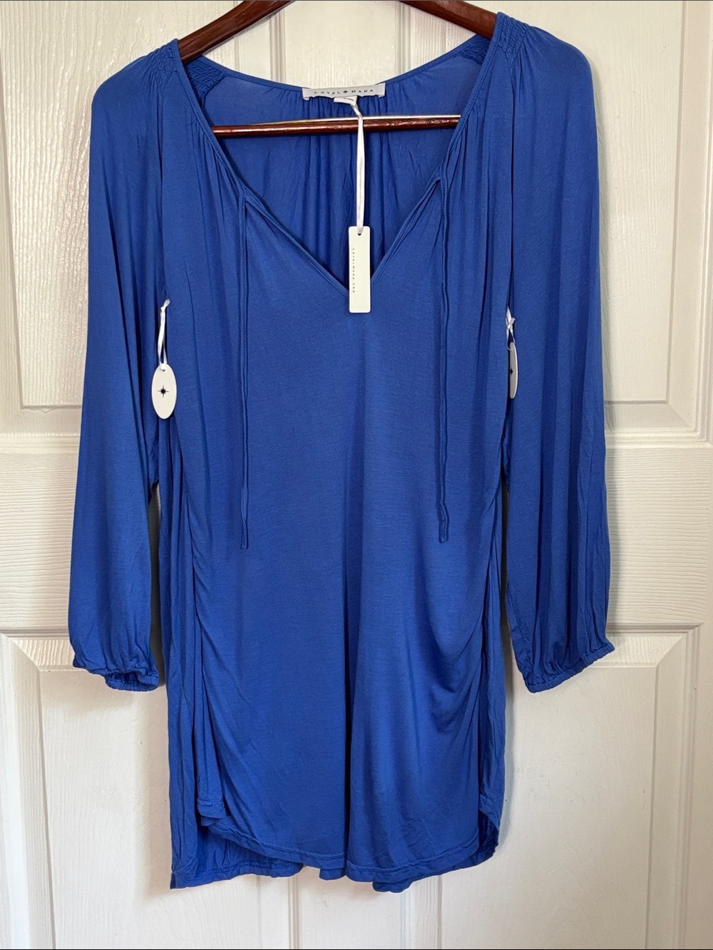 New Loyal Hana blue maternity blouse transitional to nursing breastfeeding sz L